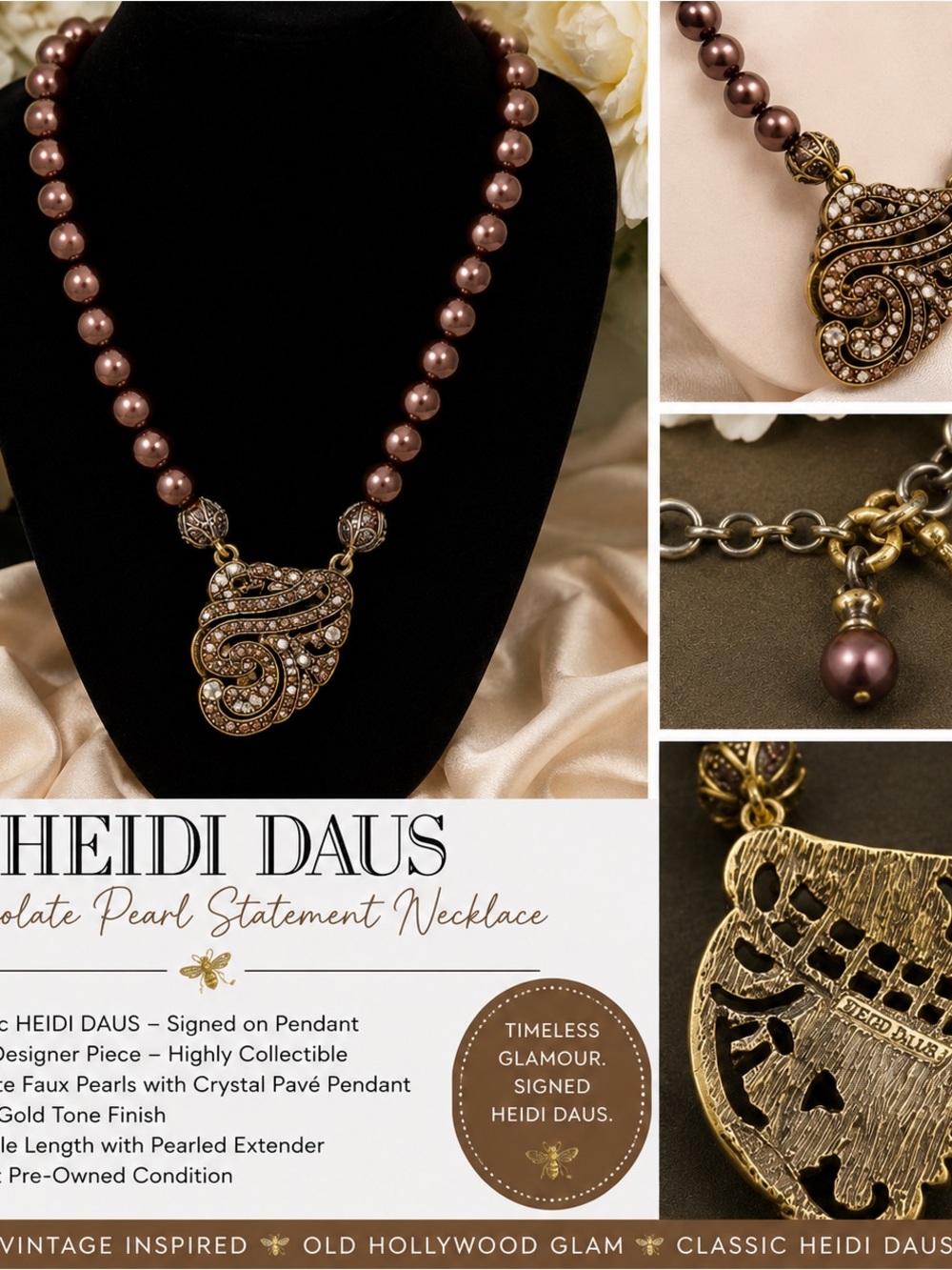 Retired *SIGNED* Heidi Daus Crystal Pave Chocolate Pearl Statement Necklace